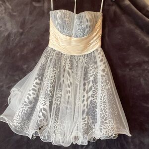Strapless Animal Print Tulle Party Dress with Champagne Waist